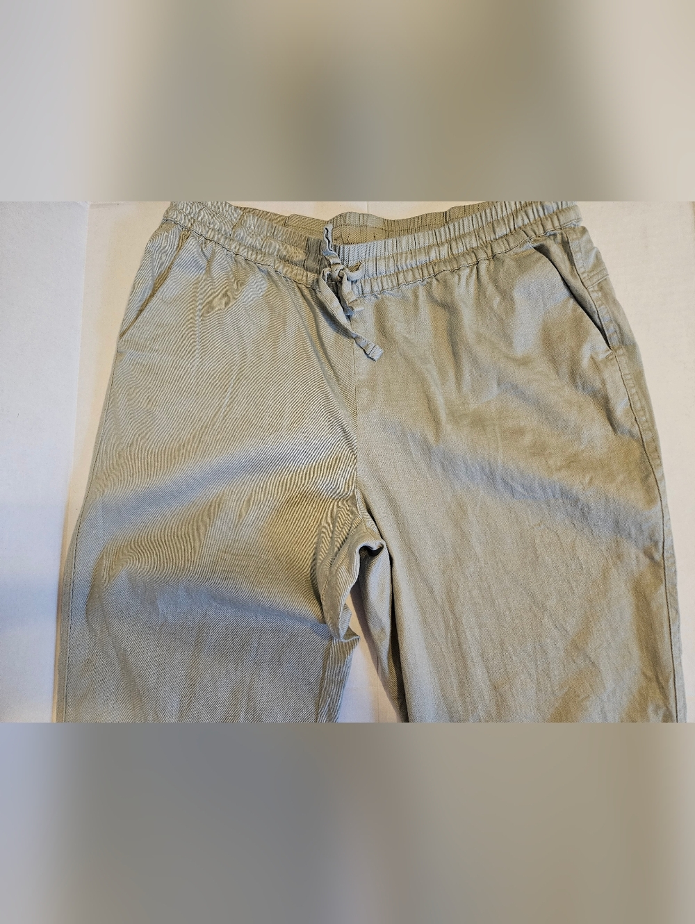 Light Sage Elastic-Waist Drawstring Pants Linen/cotton Blend